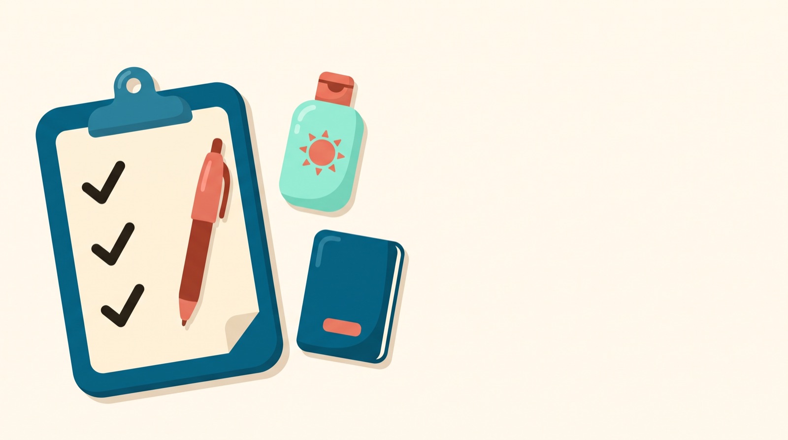 Illustration of a clipboard checklist with a passport and sunscreen