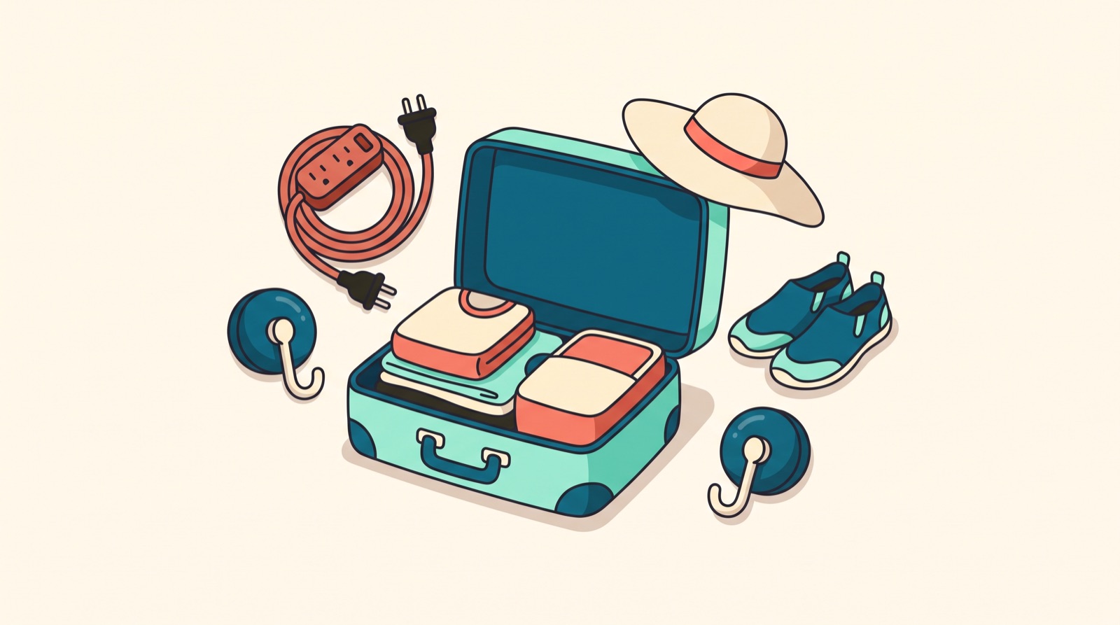Illustration of an open suitcase surrounded by cruise packing gear
