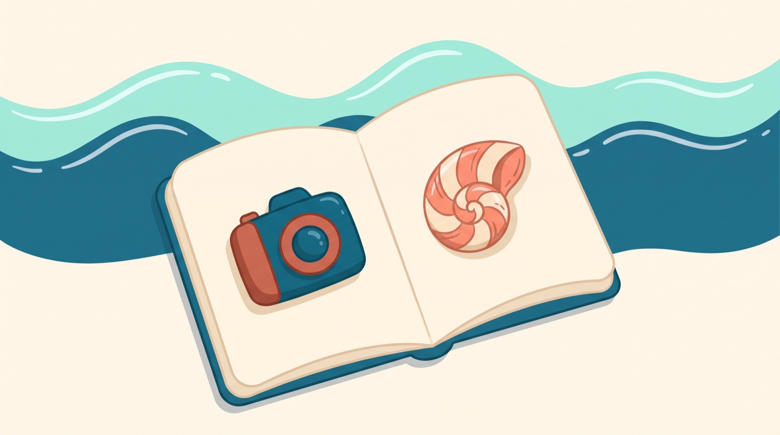 Illustration of an open travel notebook with a camera and seashell