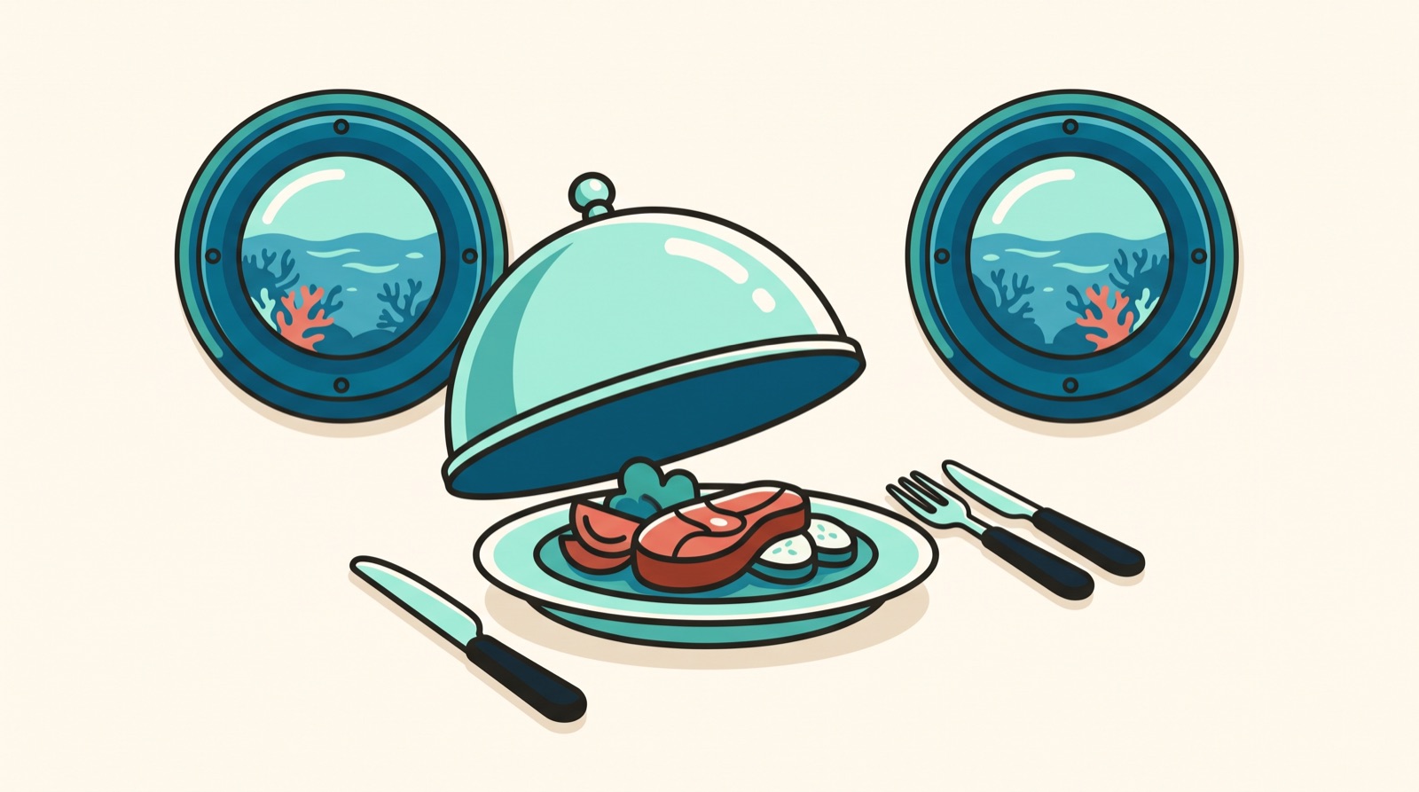 Illustration of a dinner plate with a lifted cloche in a ship dining room