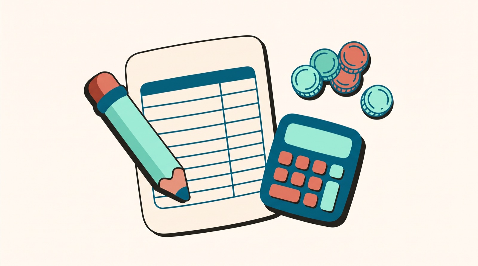 Illustration of a pencil on a budget worksheet with a calculator and coins